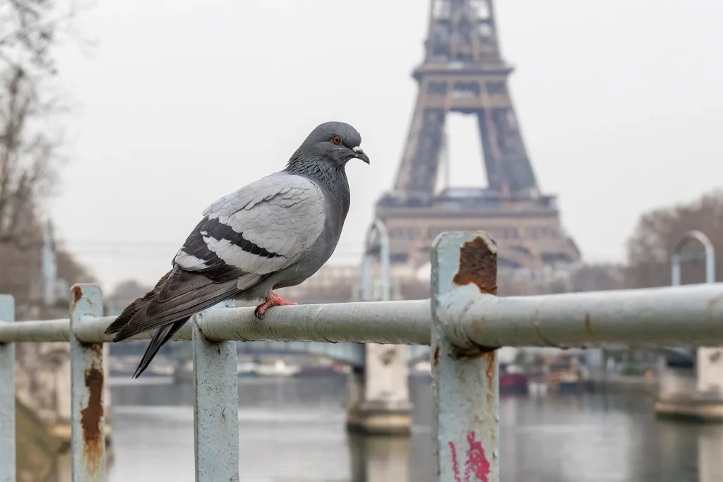 Pigeon sur un garde-corps au bord de la Seine à Paris