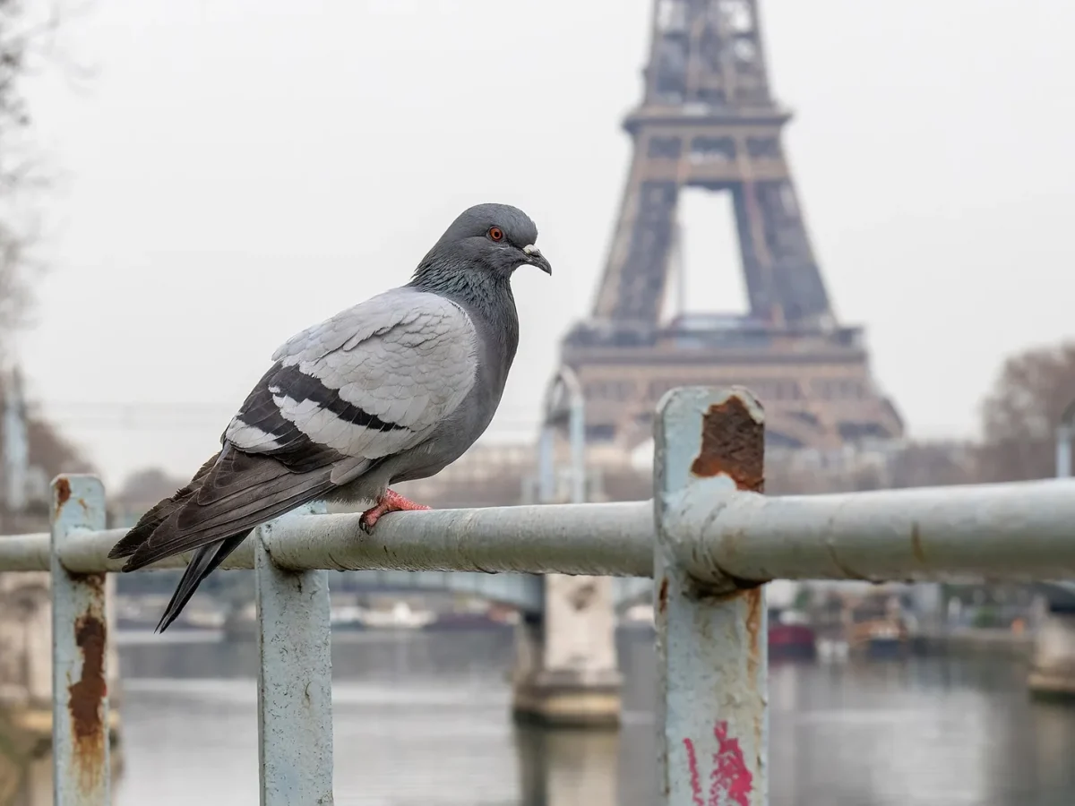 Pigeon sur un garde-corps au bord de la Seine à Paris