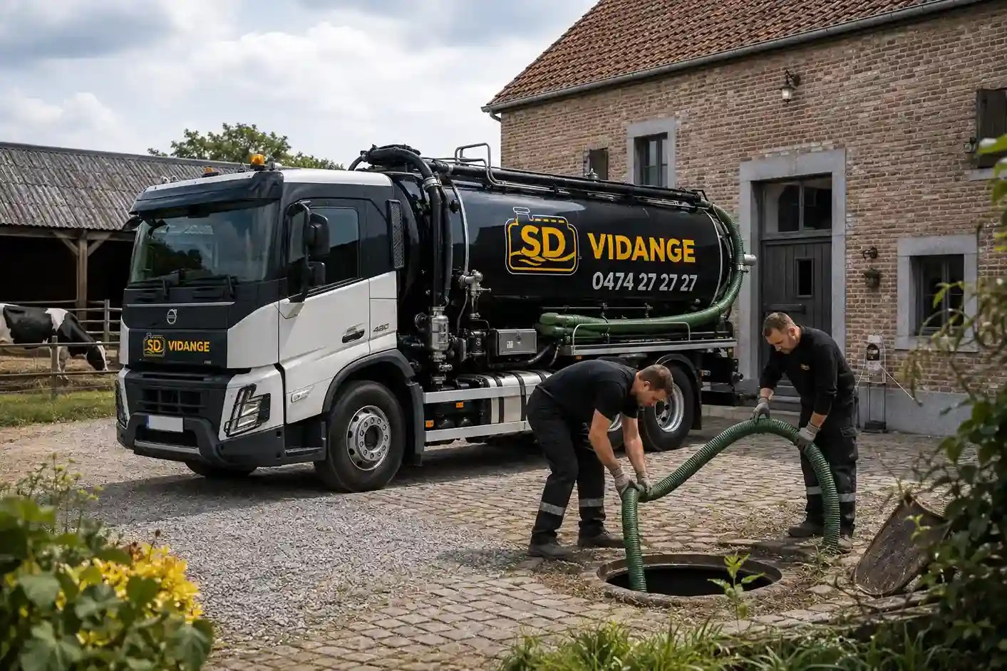 Deux techniciens SD Vidange manœuvrent un tuyau vert dans une chambre d'égout près d'un camion-citerne