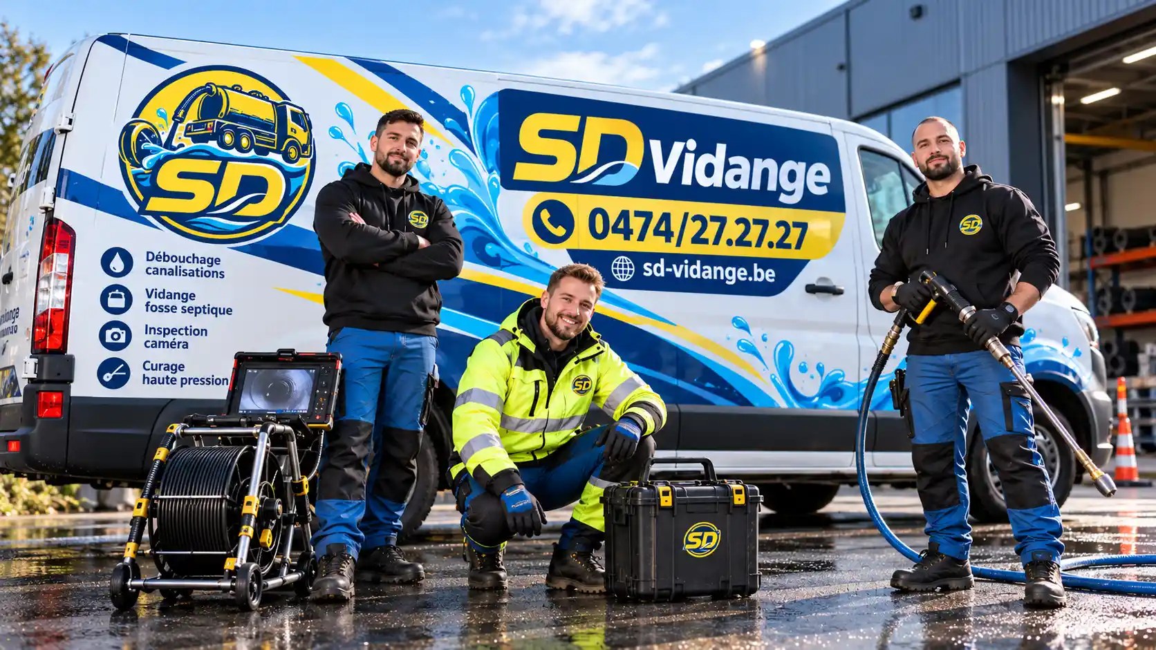 Techniciens SD Vidange posant avec une caméra d'inspection de canalisation devant leur camionnette