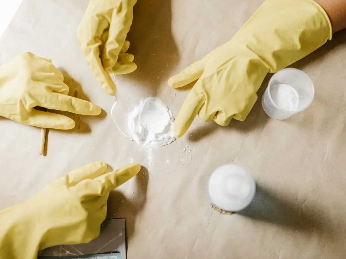 Gants jaunes et bicarbonate pour un nettoyage naturel